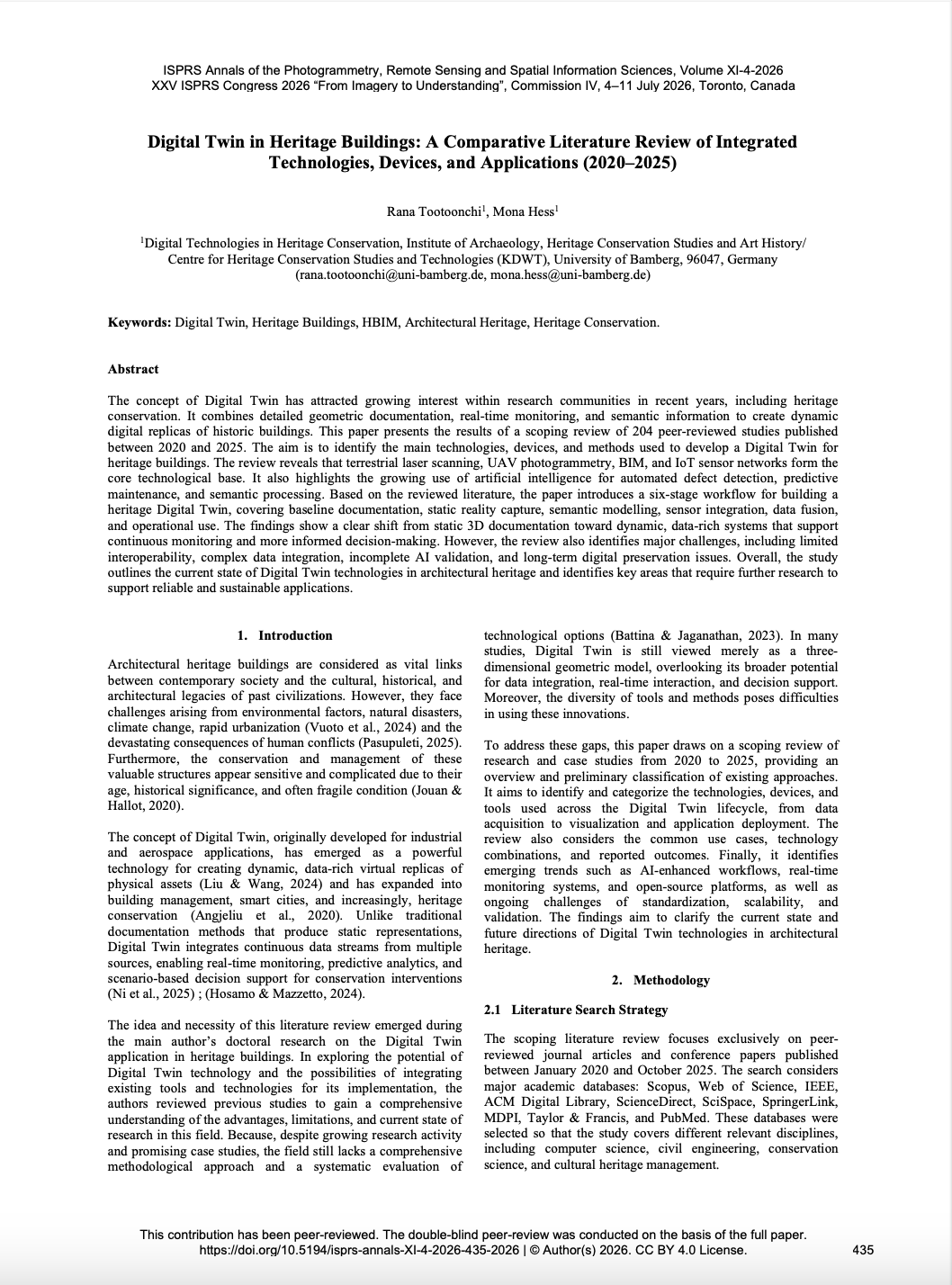 First page of the ISPRS Annals article Digital Twin in Heritage Buildings: A Comparative Literature Review of Integrated Technologies, Devices, and Applications (2020–2025)