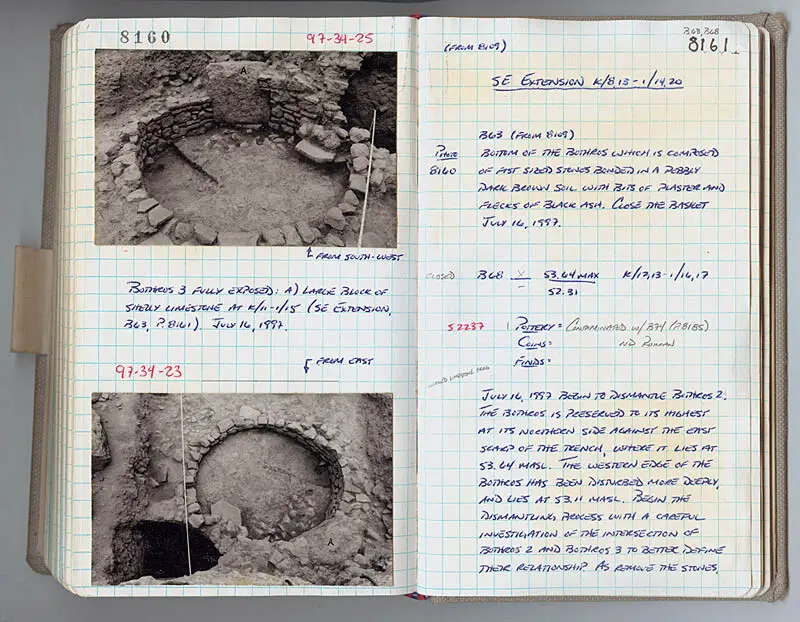 An open archaeological field notebook with excavation photographs and handwritten research notes, representing the scholarly documentation behind Memory Twin Framework.
