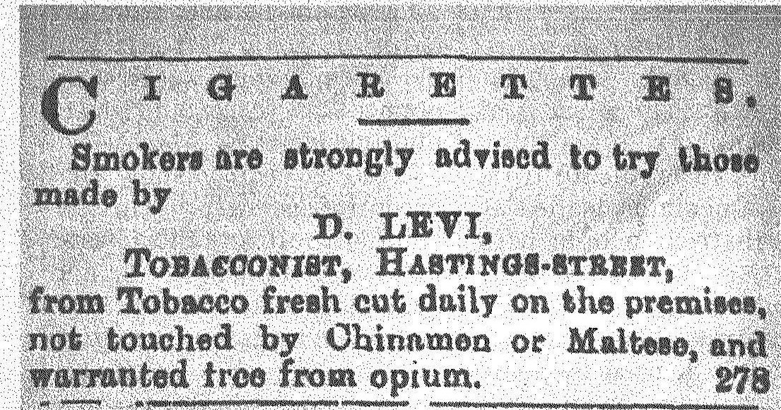 1883 newspaper advertisement for D. Levi, tobacconist, Hastings Street, offering tobacco not touched by Chinamen or Maltese