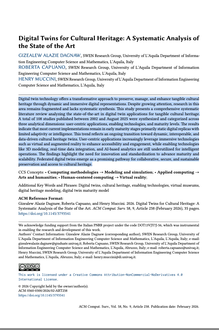 First page of the ACM Computing Surveys article Digital Twins for Cultural Heritage: A Systematic Analysis of the State of the Art